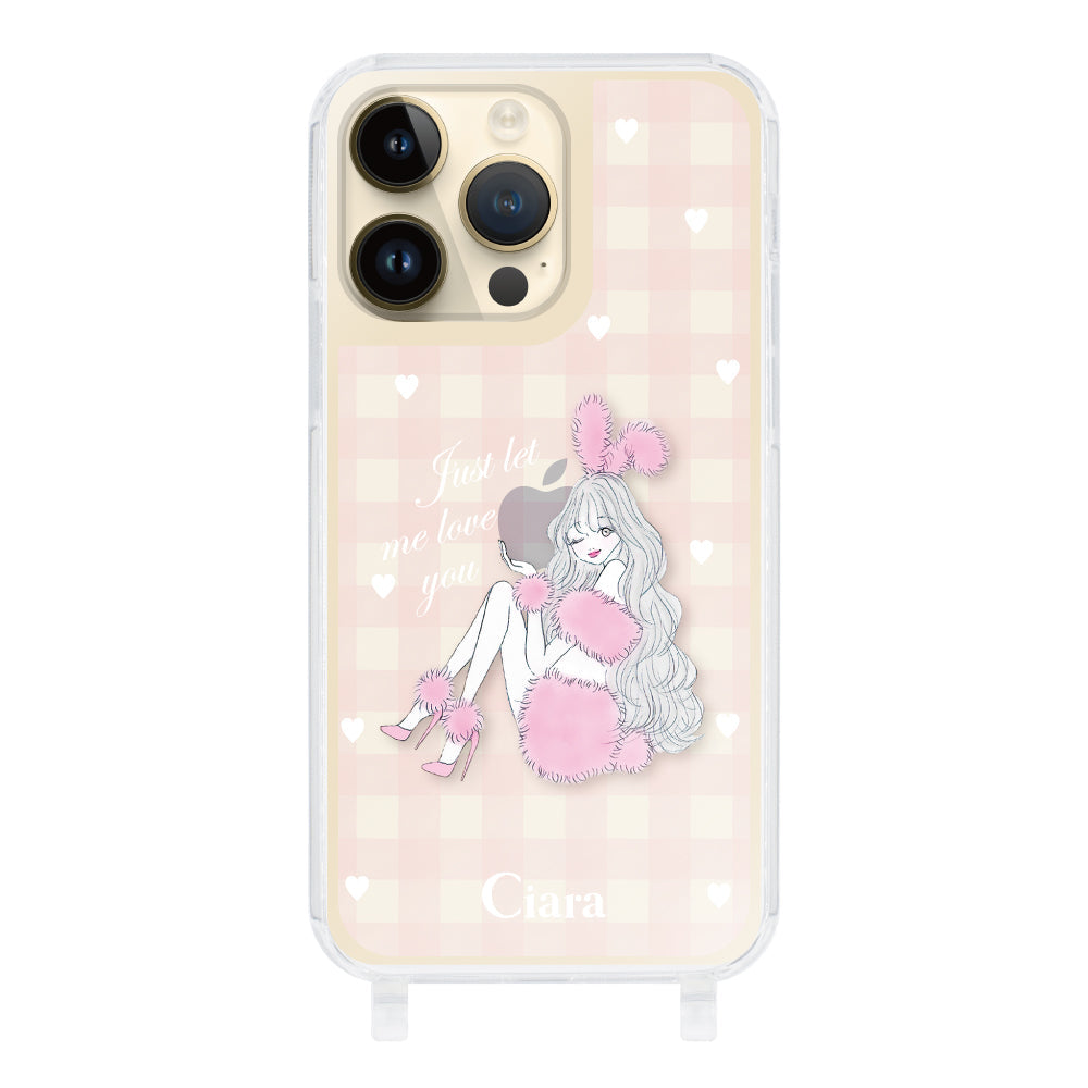 iPhone14Pro ストラップクリアケース ピンクバニー ピンクチェック