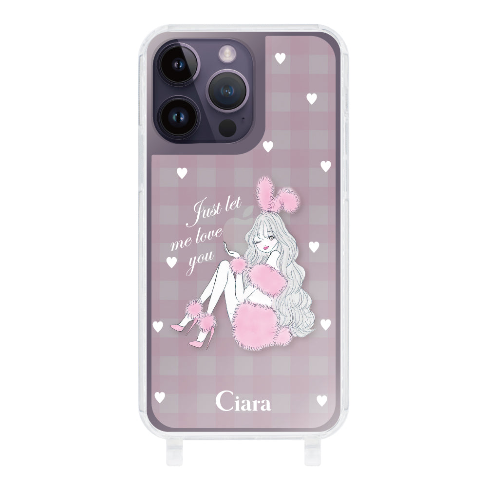 iPhone14ProMax ストラップクリアケース ピンクバニー ピンクチェック