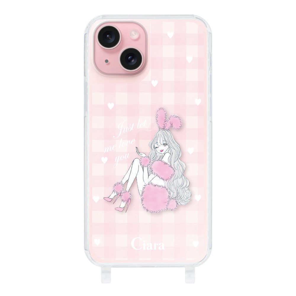 iPhone15 ストラップクリアケース ピンクバニー ピンクチェック