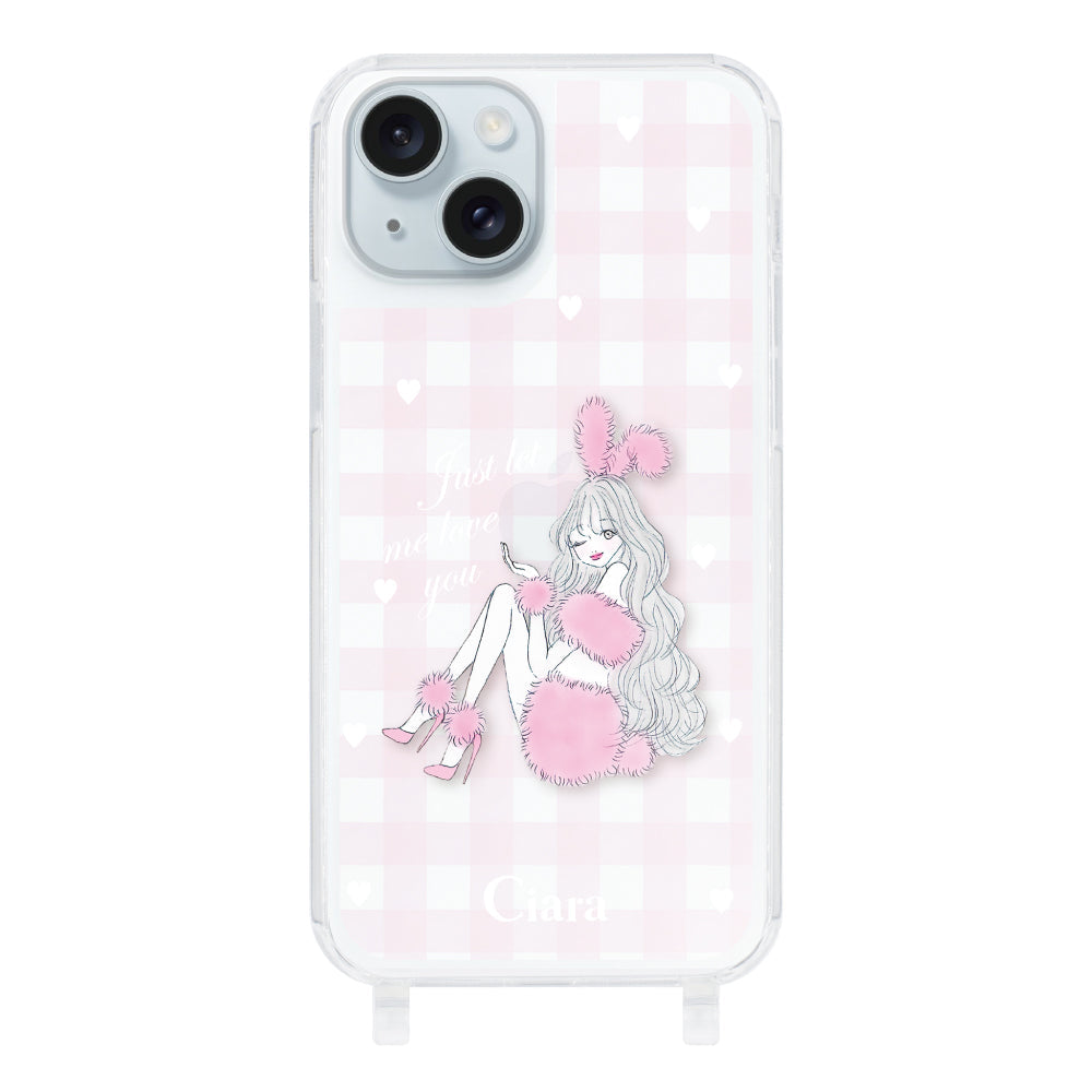 iPhone15Plus ストラップクリアケース ピンクバニー ピンクチェック