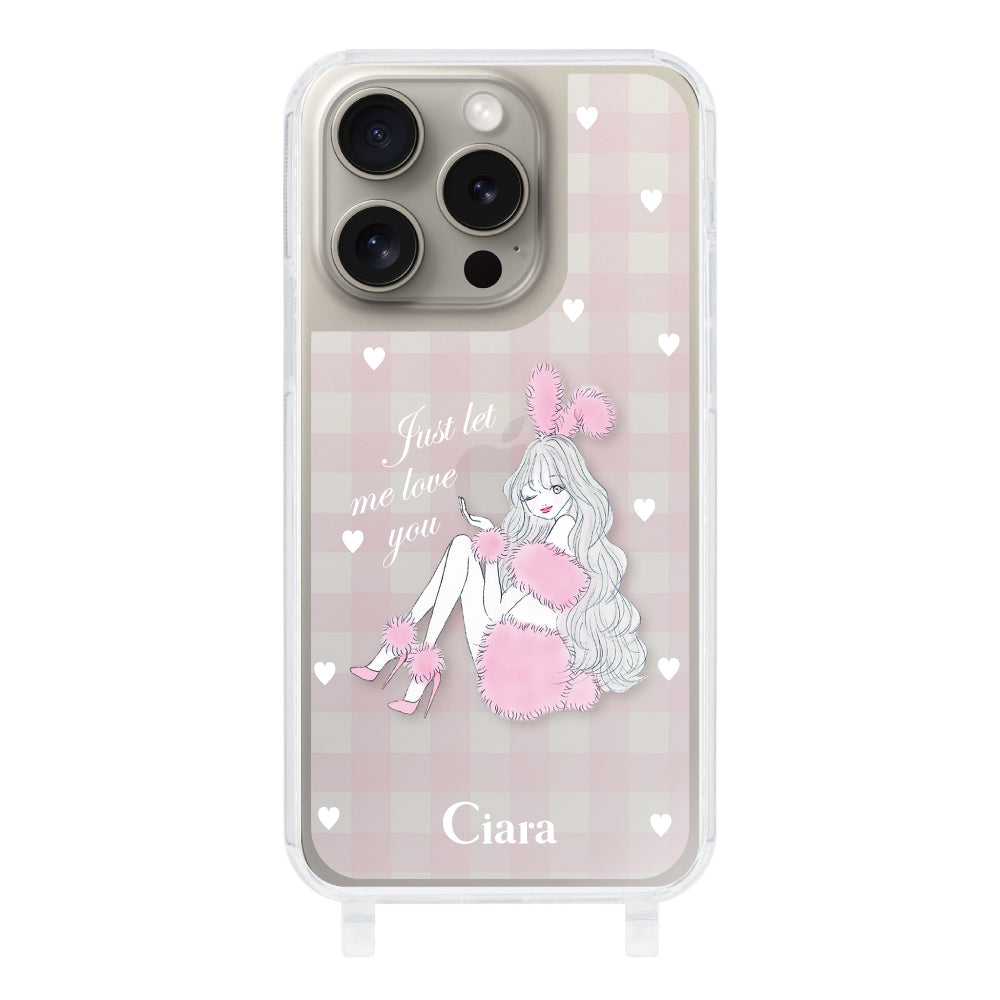 iPhone15Pro ストラップクリアケース ピンクバニー ピンクチェック