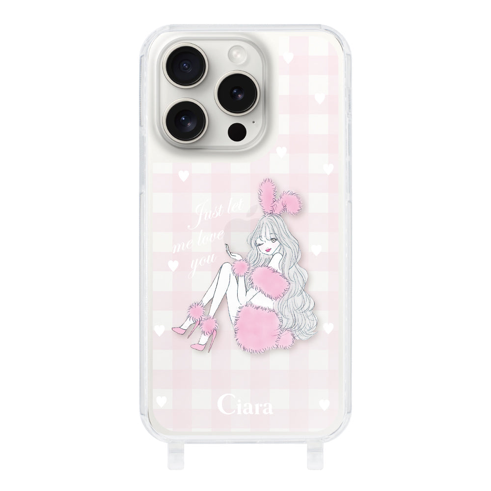 iPhone15ProMax ストラップクリアケース ピンクバニー ピンクチェック
