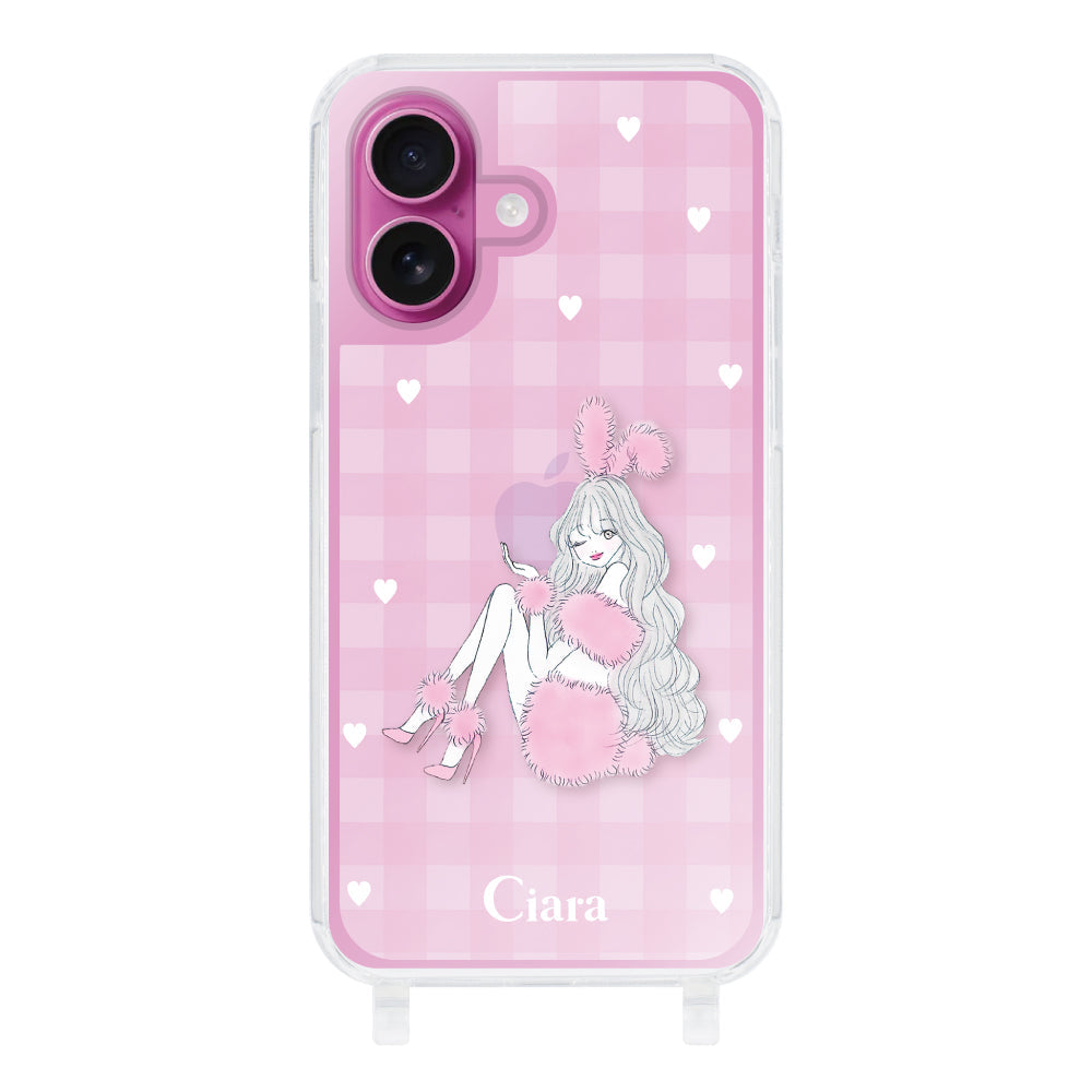 iPhone16 ストラップクリアケース ピンクバニー ピンクチェック