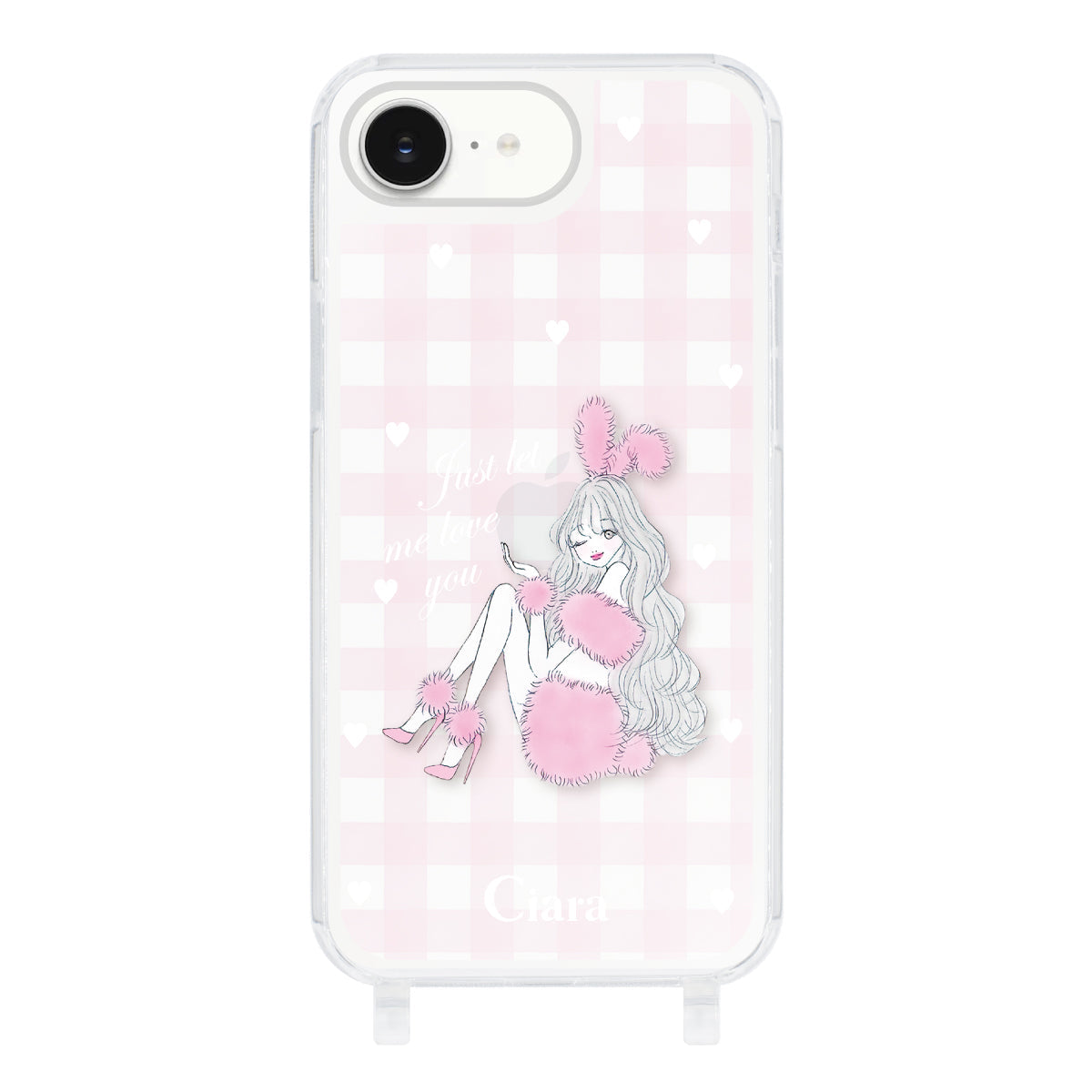 iPhone16e ストラップクリアケース ピンクバニー ピンクチェック