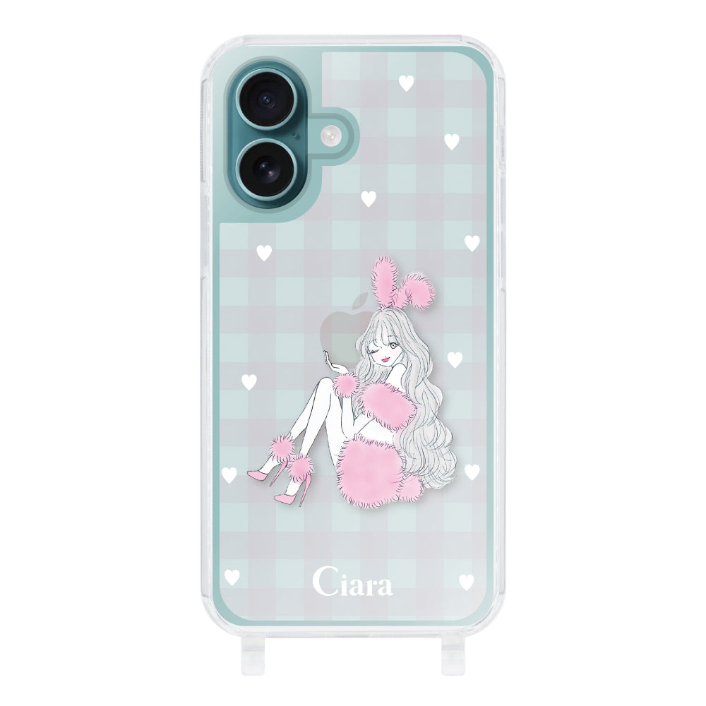 iPhone16Plus ストラップクリアケース ピンクバニー ピンクチェック