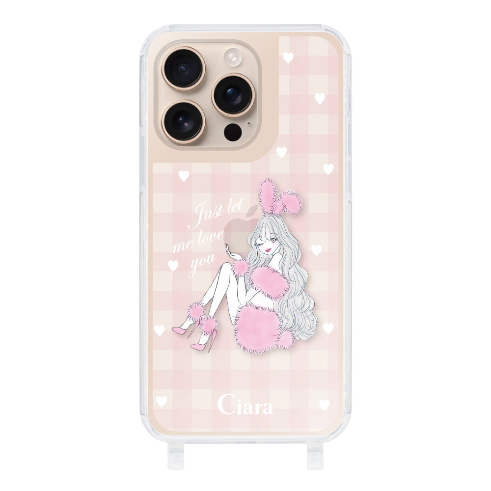 iPhone16Pro ストラップクリアケース ピンクバニー ピンクチェック