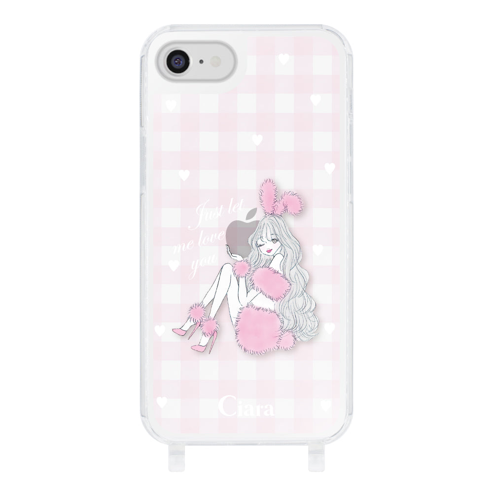 iPhoneSE2/SE3 ストラップクリアケース ピンクバニー ピンクチェック
