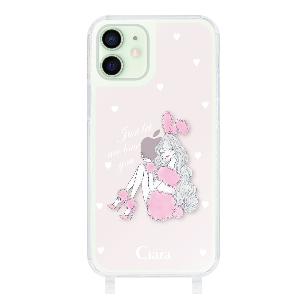iPhone12mini ストラップクリアケース ピンクバニー ピンク