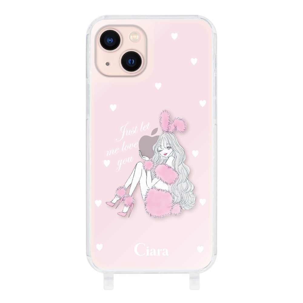 iPhone13 ストラップクリアケース ピンクバニー ピンク