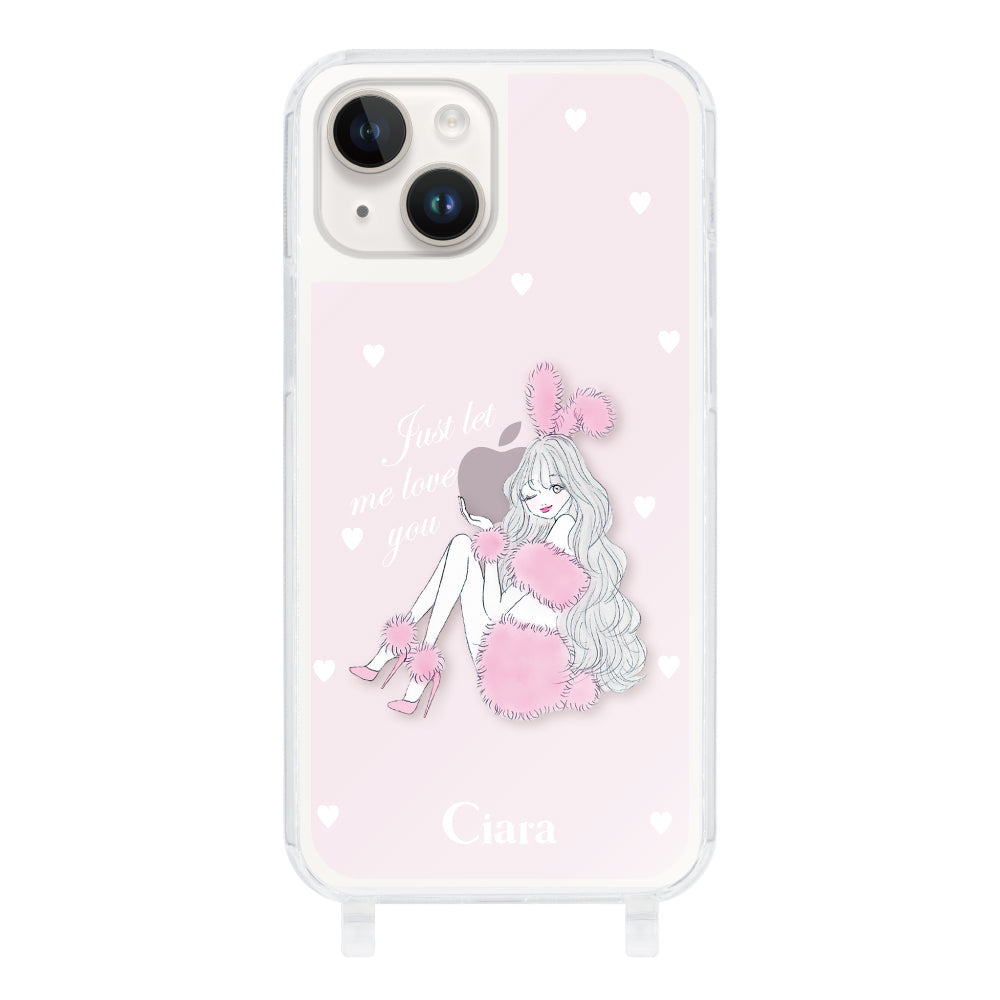 iPhone14 ストラップクリアケース ピンクバニー ピンク