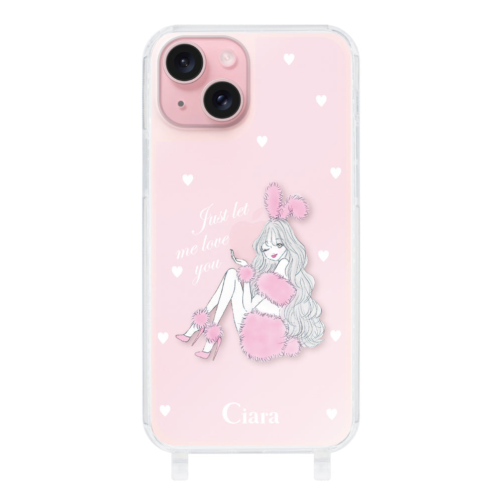 iPhone15 ストラップクリアケース ピンクバニー ピンク