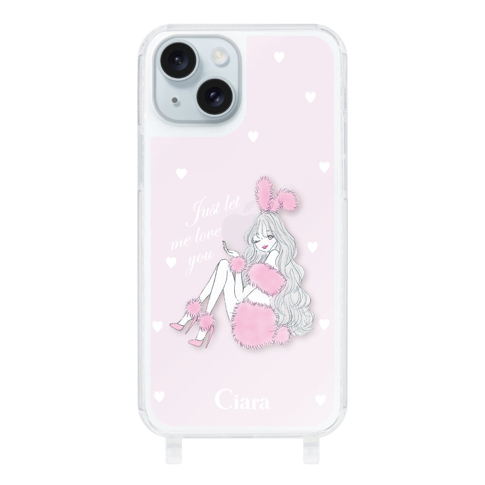 iPhone15Plus ストラップクリアケース ピンクバニー ピンク