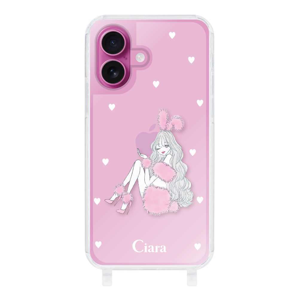 iPhone16 ストラップクリアケース ピンクバニー ピンク
