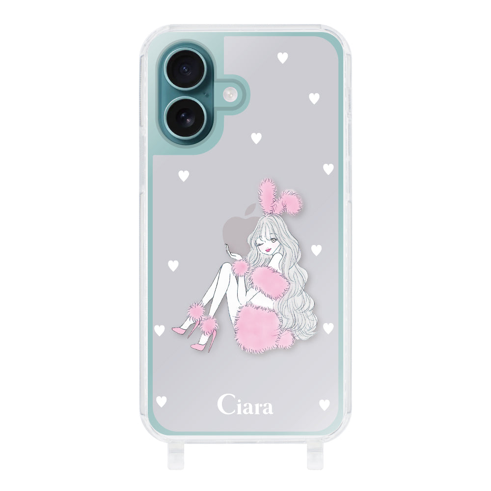 iPhone16Plus ストラップクリアケース ピンクバニー ピンク