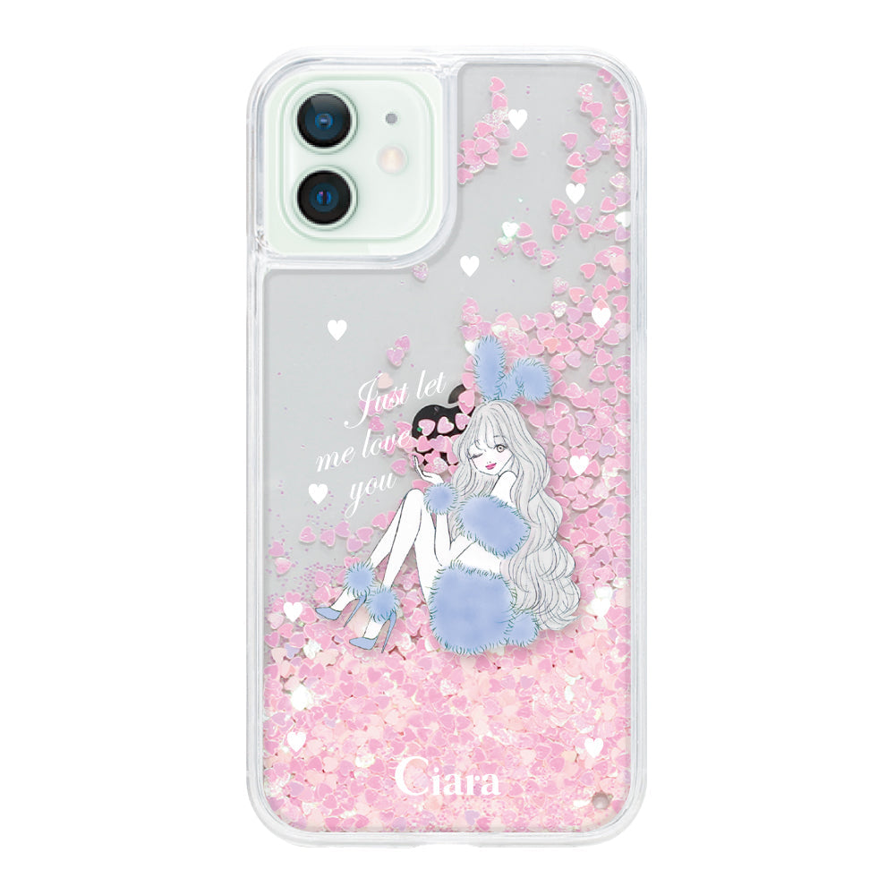 iPhone12mini グリッター オイルクリアケース ブルーバニー ピンク