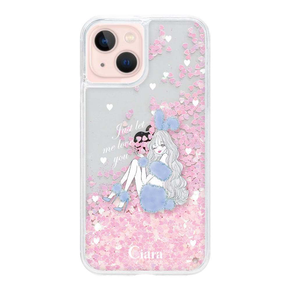 iPhone13 グリッター オイルクリアケース ブルーバニー ピンク