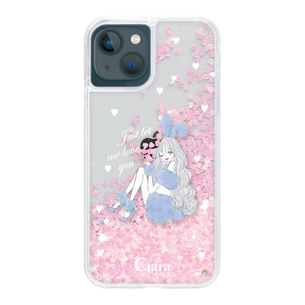 iPhone13mini グリッター オイルクリアケース ブルーバニー ピンク