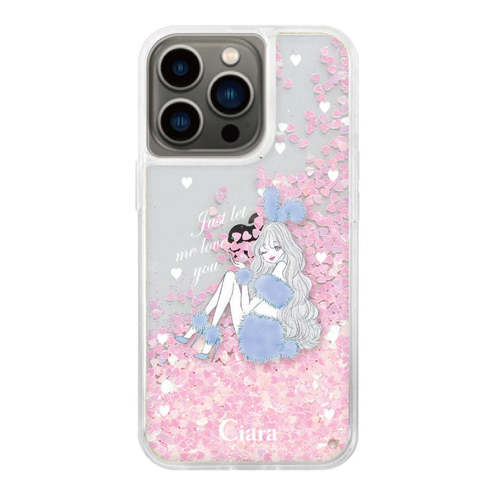 iPhone13Pro グリッター オイルクリアケース ブルーバニー ピンク