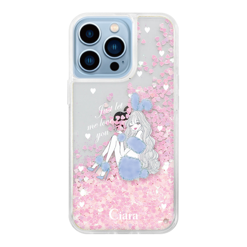 iPhone13ProMax グリッター オイルクリアケース ブルーバニー ピンク