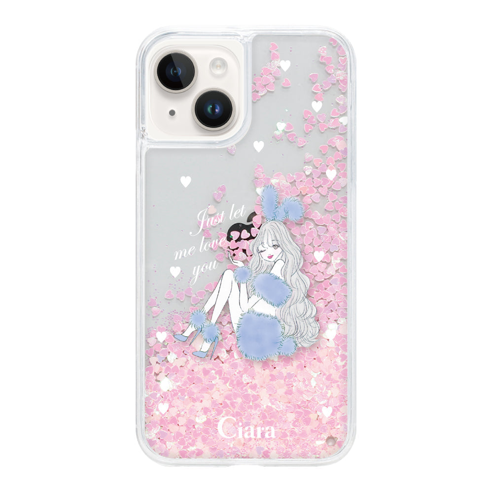 iPhone14 グリッター オイルクリアケース ブルーバニー ピンク