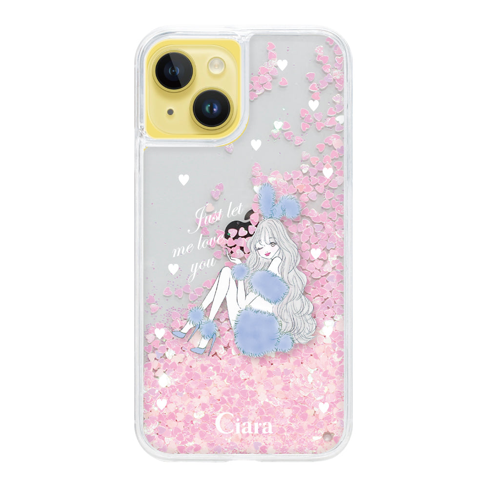 iPhone14Plus グリッター オイルクリアケース ブルーバニー ピンク