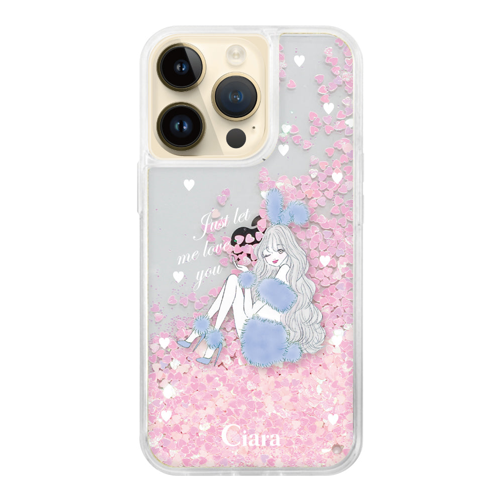 iPhone14Pro グリッター オイルクリアケース ブルーバニー ピンク