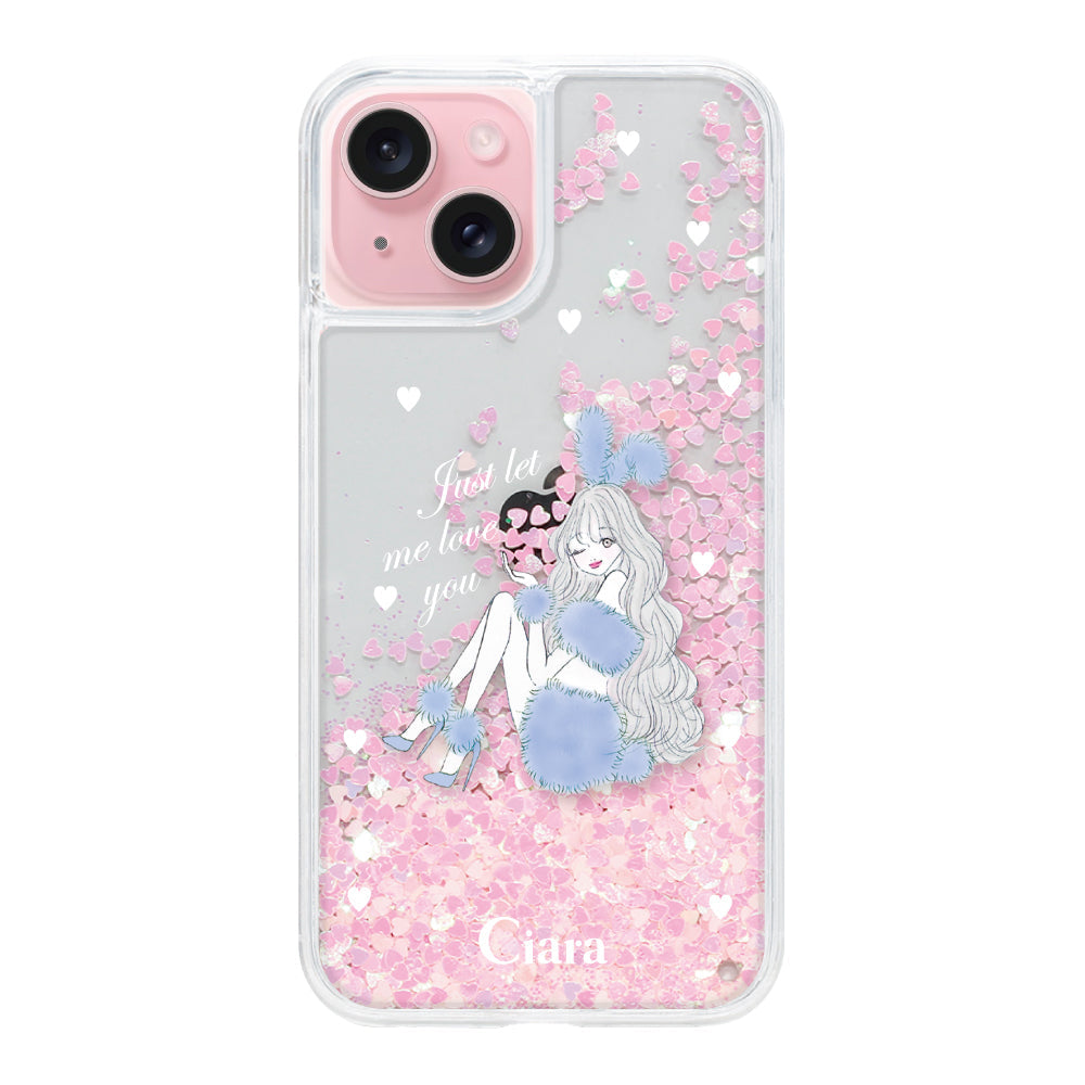 iPhone15 グリッター オイルクリアケース ブルーバニー ピンク