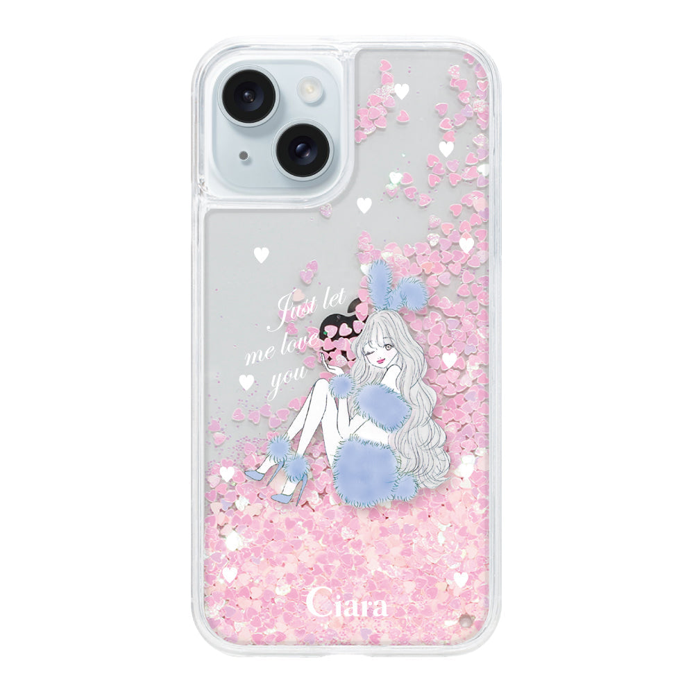 iPhone15Plus グリッター オイルクリアケース ブルーバニー ピンク