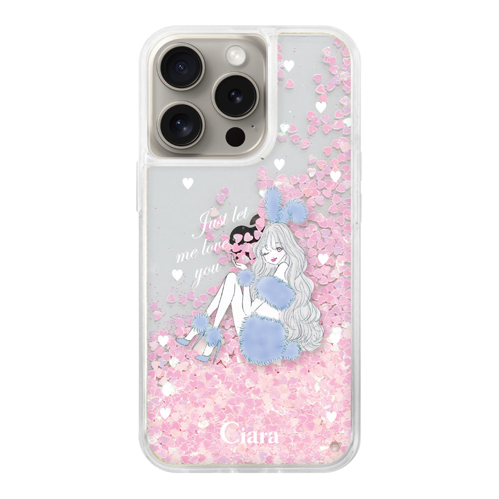iPhone15Pro グリッター オイルクリアケース ブルーバニー ピンク