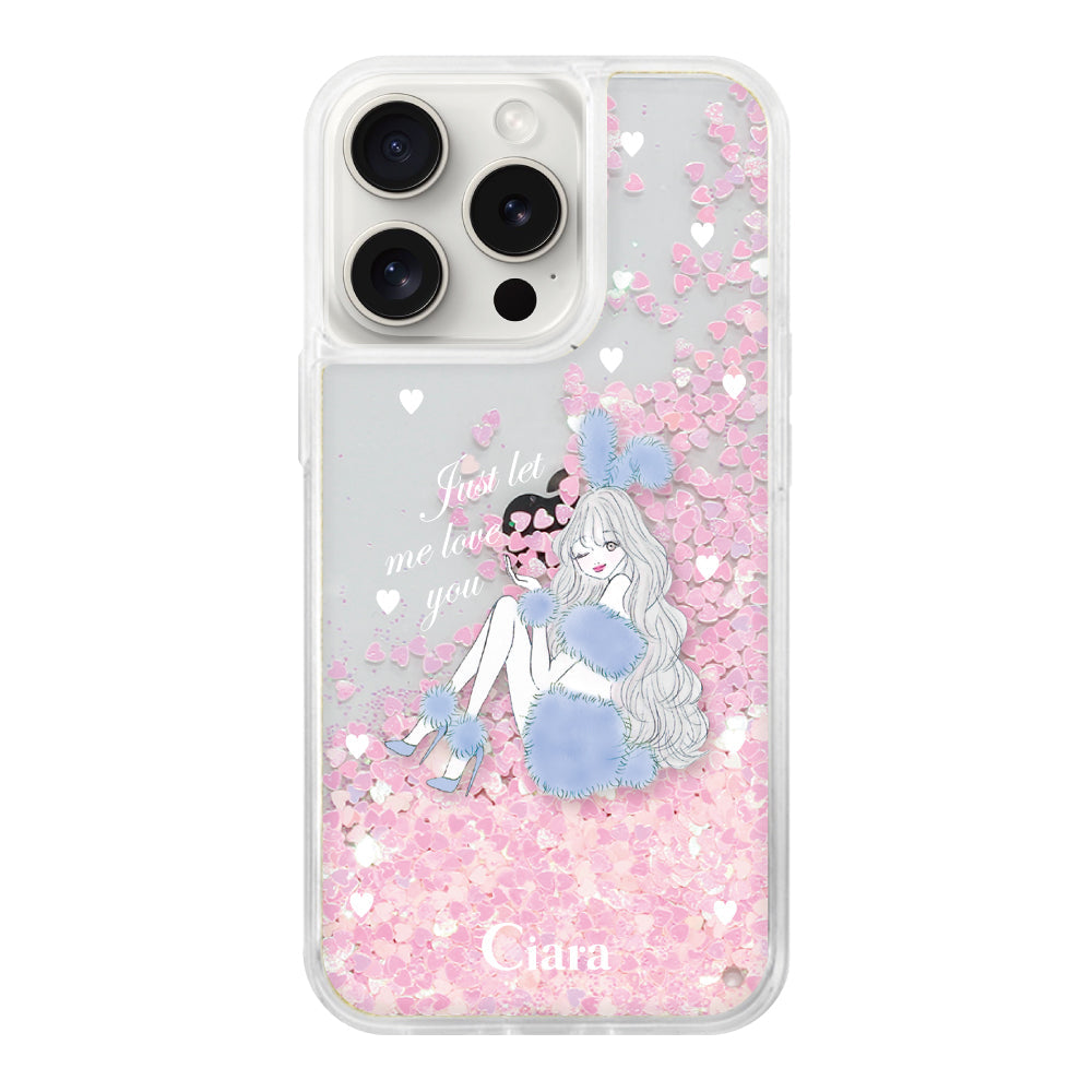 iPhone15ProMax グリッター オイルクリアケース ブルーバニー ピンク