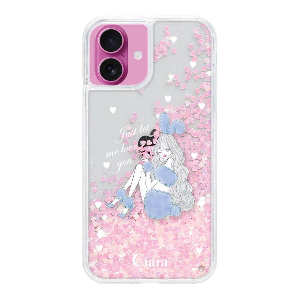 iPhone16 グリッター オイルクリアケース ブルーバニー ピンク