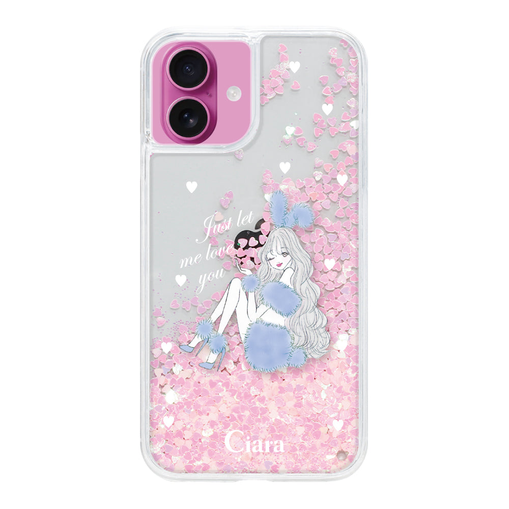 iPhone16 グリッター オイルクリアケース ブルーバニー ピンク