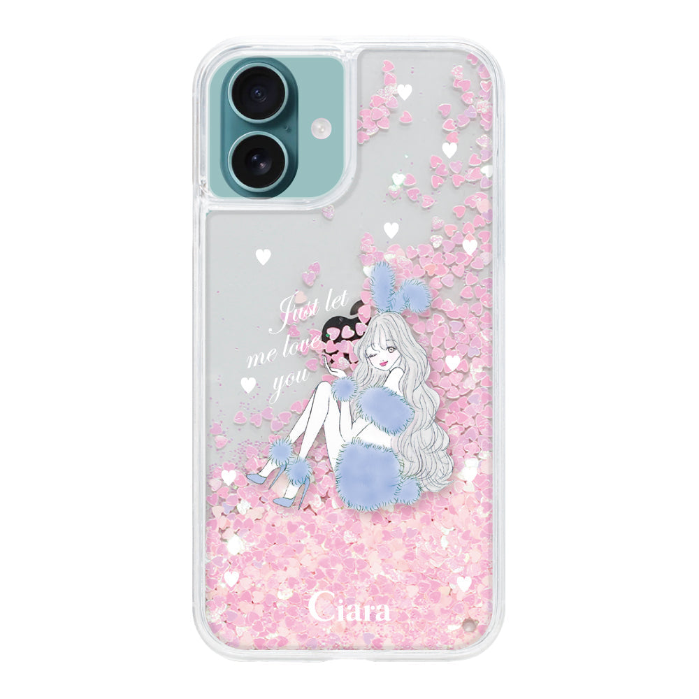 iPhone16Plus グリッター オイルクリアケース ブルーバニー ピンク