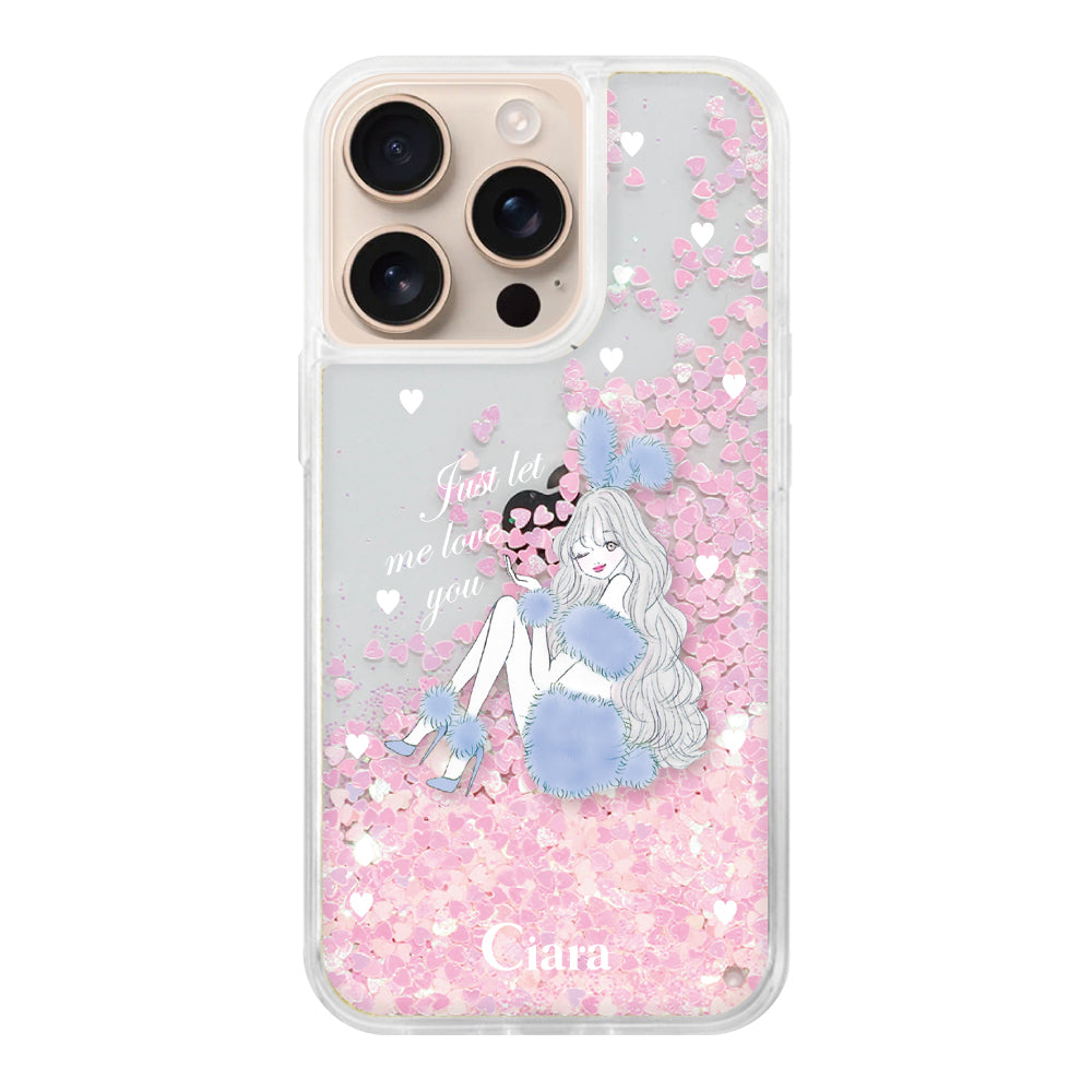 iPhone16Pro グリッター オイルクリアケース ブルーバニー ピンク