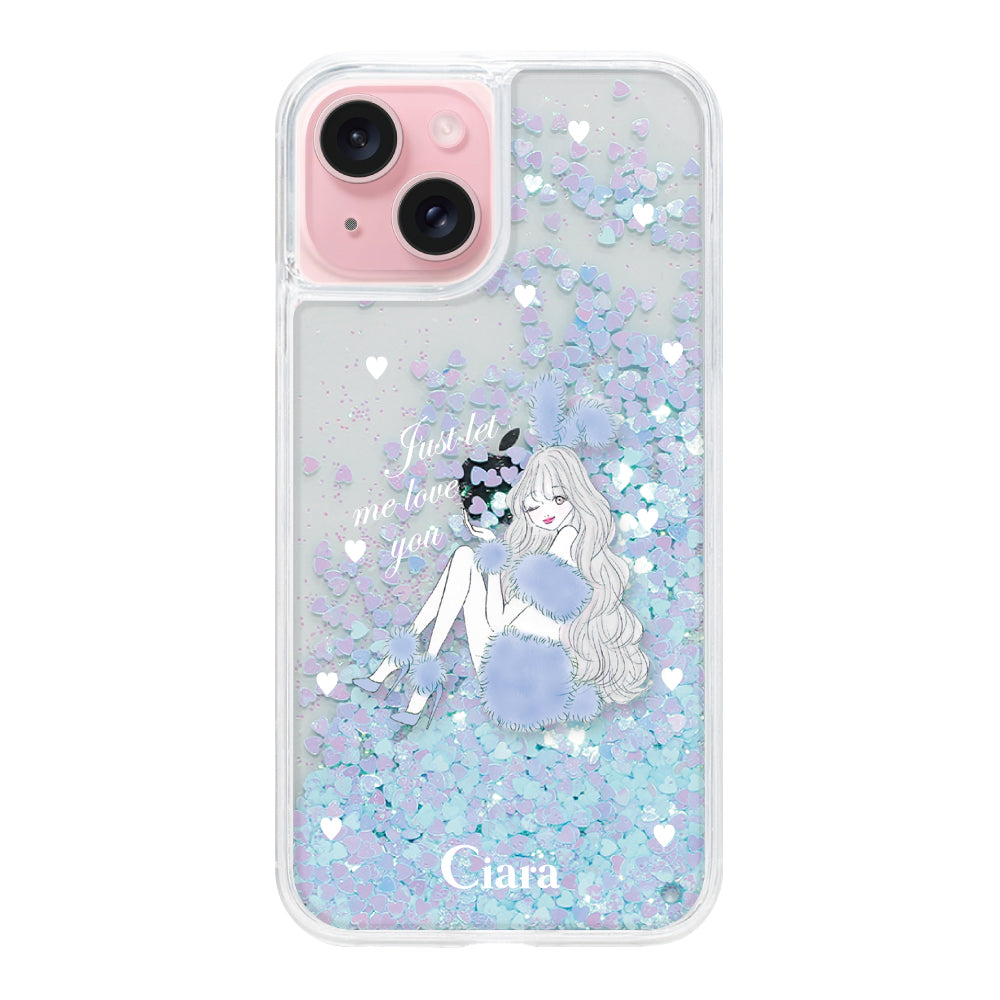iPhone15 グリッター オイルクリアケース ブルーバニー ブルー