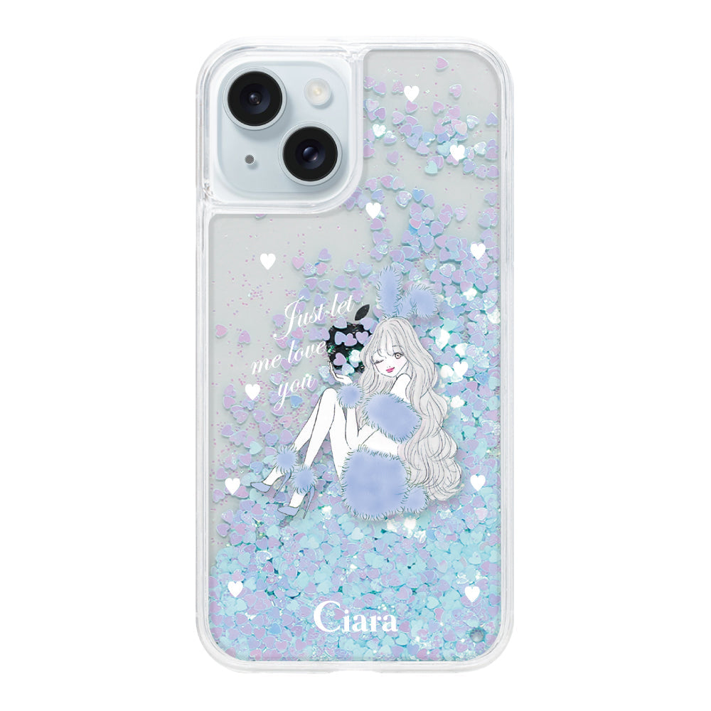iPhone15Plus グリッター オイルクリアケース ブルーバニー ブルー