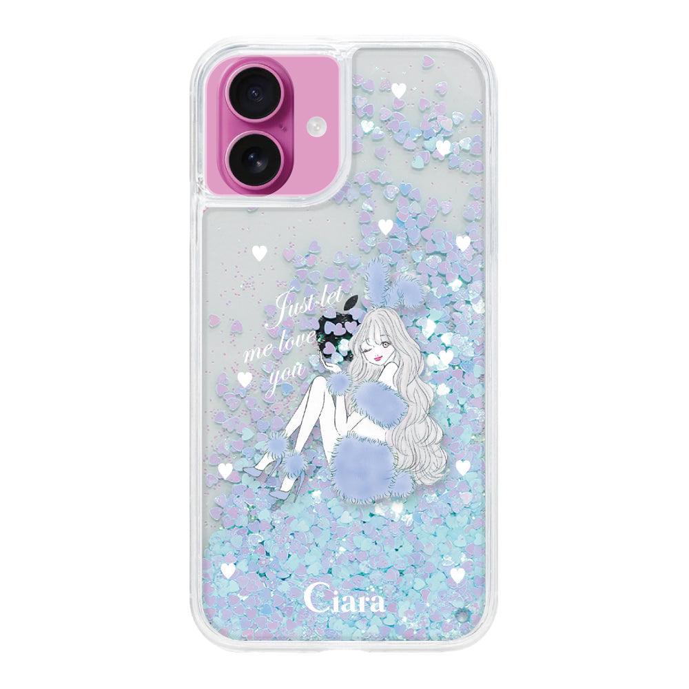 iPhone16 グリッター オイルクリアケース ブルーバニー ブルー