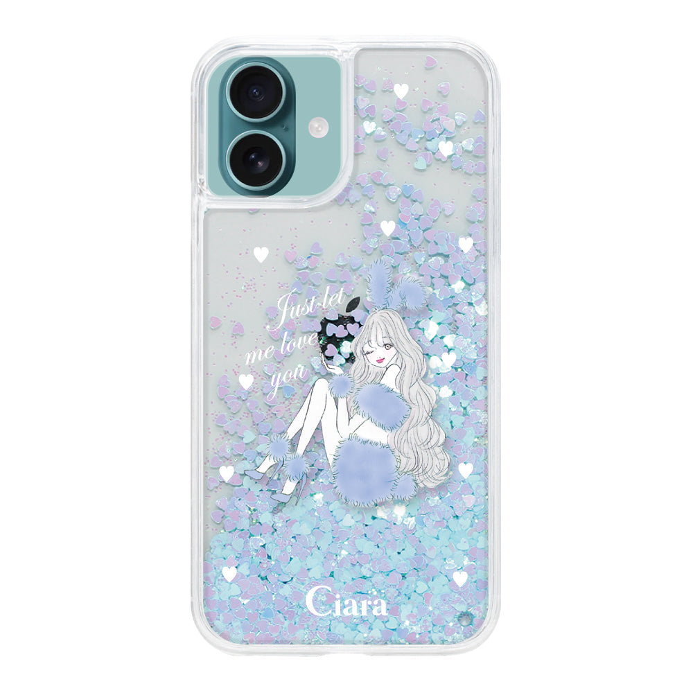 iPhone16Plus グリッター オイルクリアケース ブルーバニー ブルー