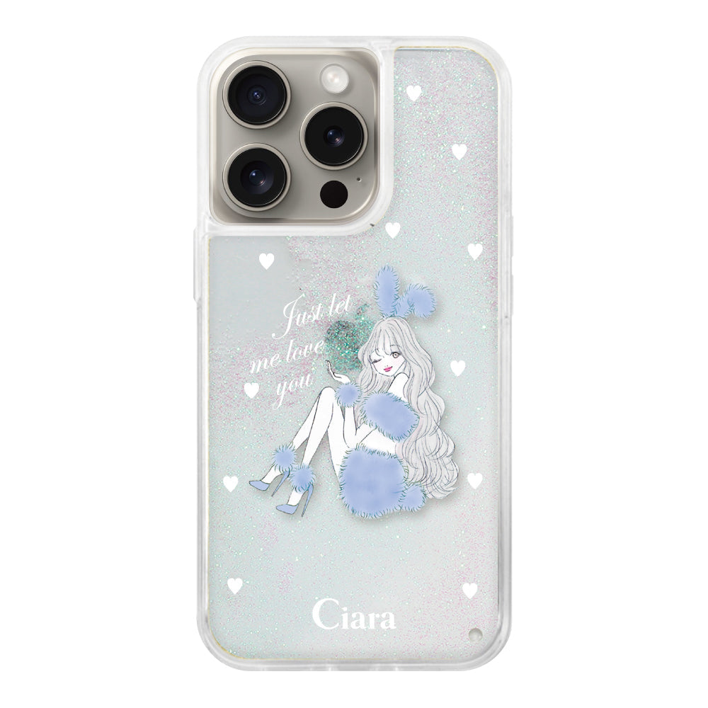 iPhone15Pro グリッター オイルクリアケース ブルーバニー ホワイト