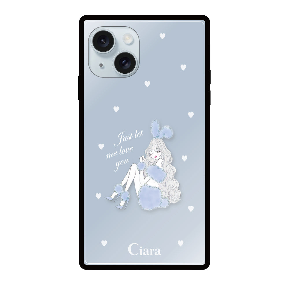 iPhone15Plusケース スクエア 強化ガラスケース ブルーバニー ブルー