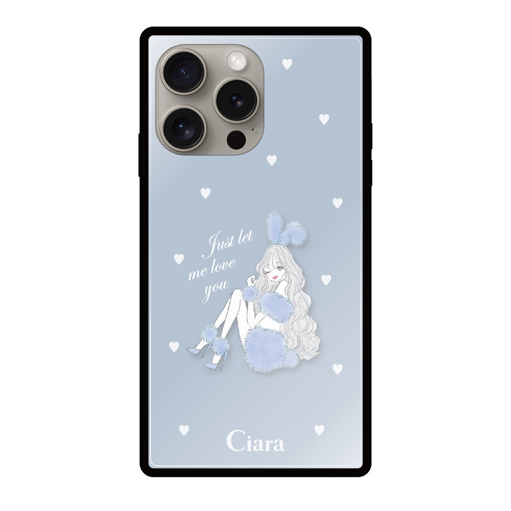 iPhone15Proケース スクエア 強化ガラスケース ブルーバニー ブルー