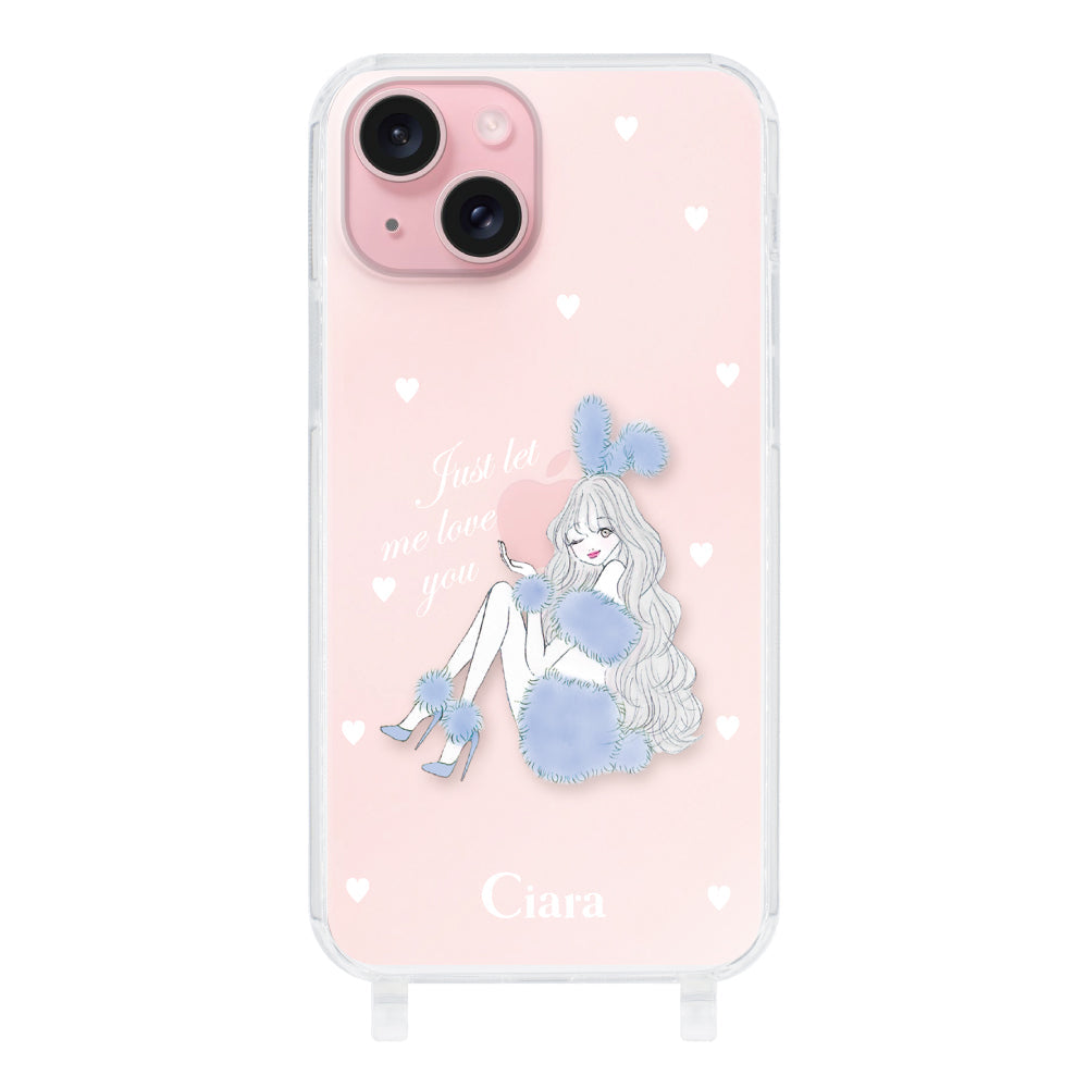 iPhone15 ストラップクリアケース ブルーバニー クリア