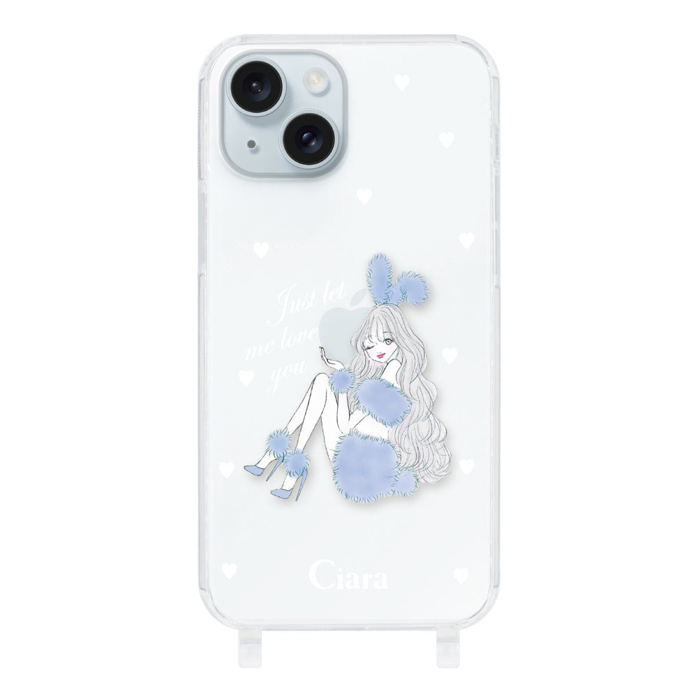 iPhone15Plus ストラップクリアケース ブルーバニー クリア