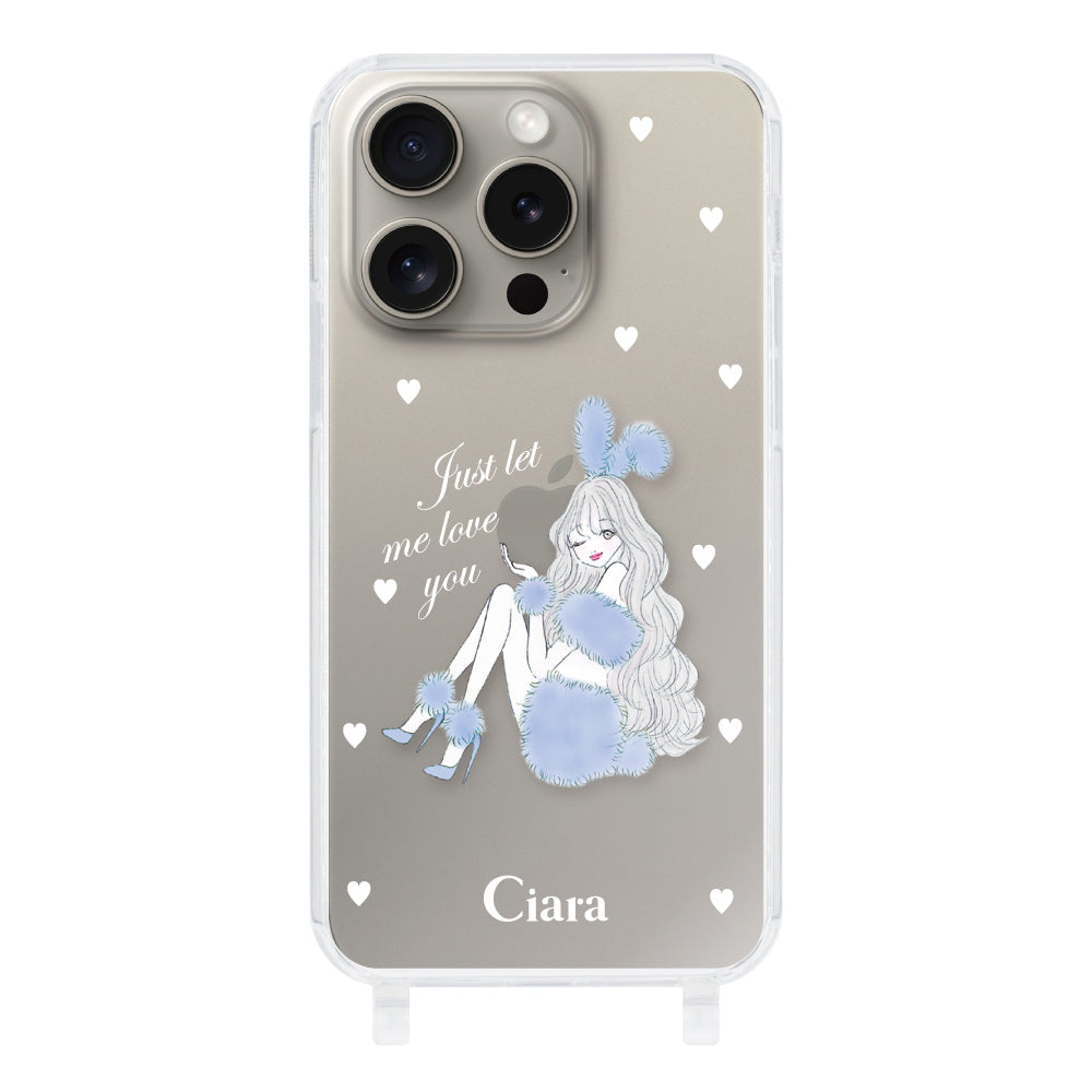 iPhone15Pro ストラップクリアケース ブルーバニー クリア