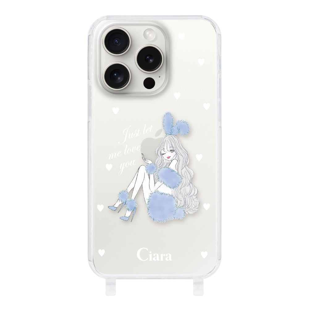 iPhone15ProMax ストラップクリアケース ブルーバニー クリア