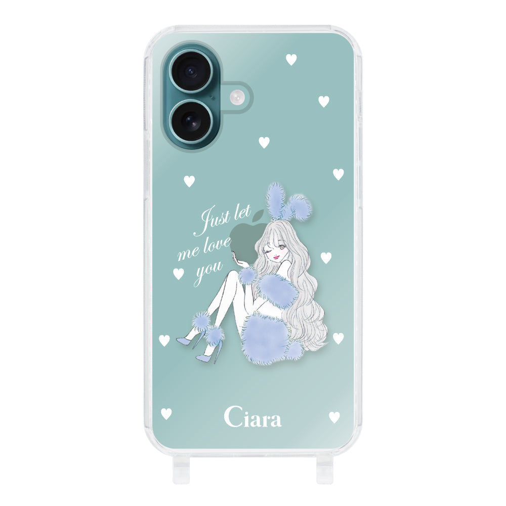 iPhone16Plus ストラップクリアケース ブルーバニー クリア