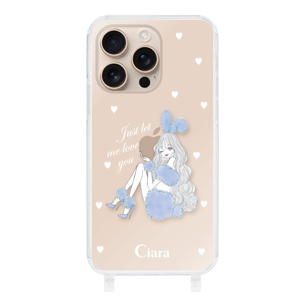iPhone16Pro ストラップクリアケース ブルーバニー クリア