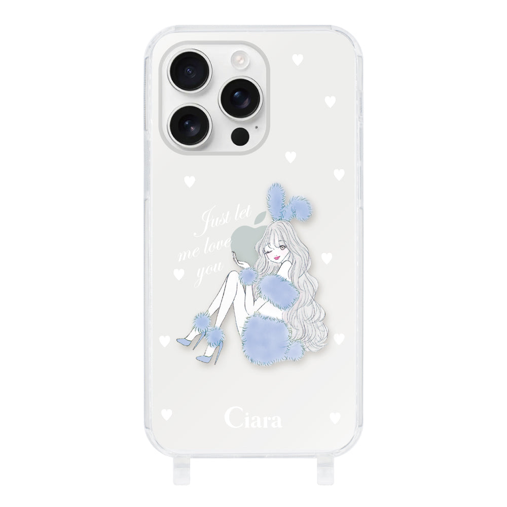 iPhone16ProMax ストラップクリアケース ブルーバニー クリア