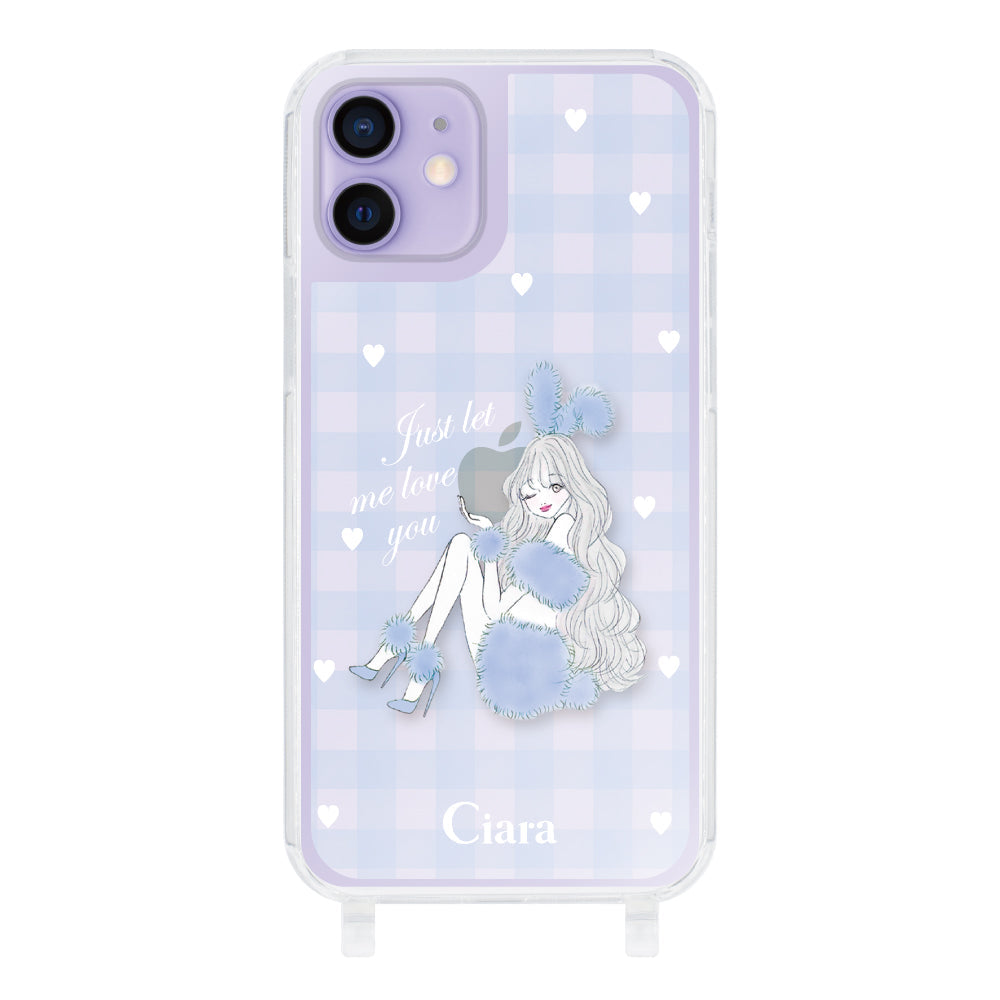 iPhone12/12Pro ストラップクリアケース ブルーバニー ブルーチェック