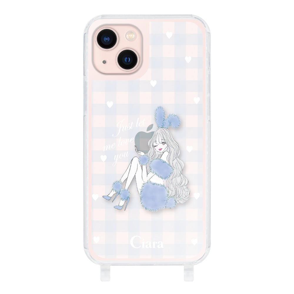 iPhone13 ストラップクリアケース ブルーバニー ブルーチェック